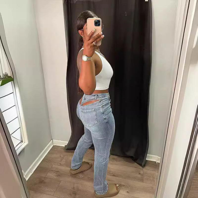 Back Waist Hollow Stretch Jeans