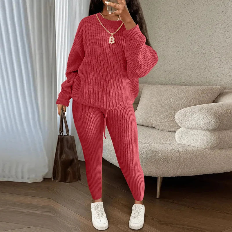 Women's Two-Piece Round Neck Knitted Sweater and Pants Set