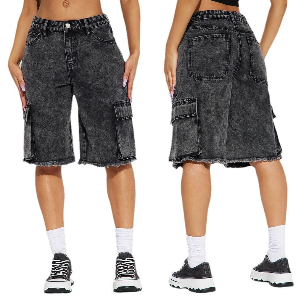 Street Washed Frayed Hem Women's Denim Straight Short Pants