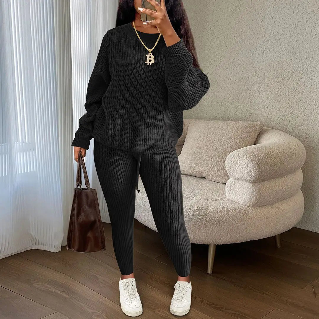 Women's Two-Piece Round Neck Knitted Sweater and Pants Set