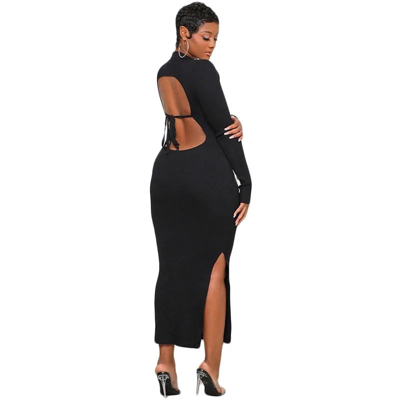 V Neck Bodycon Casual Backless Dresses Elegant Sexy Long Sleeve Dress for Women