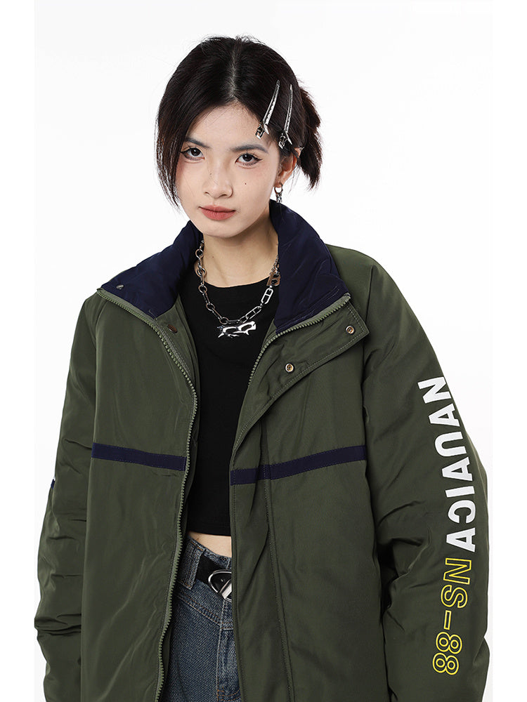 Women's Army Green Stand Collar Workwear Cotton Padded Jackets Retro Loose