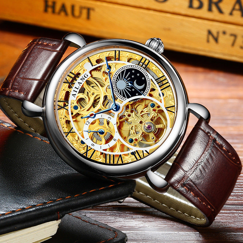 Gold Hollow Movement Men's Fashion Automatic Mechanical Watch Leather Business Men's Watch