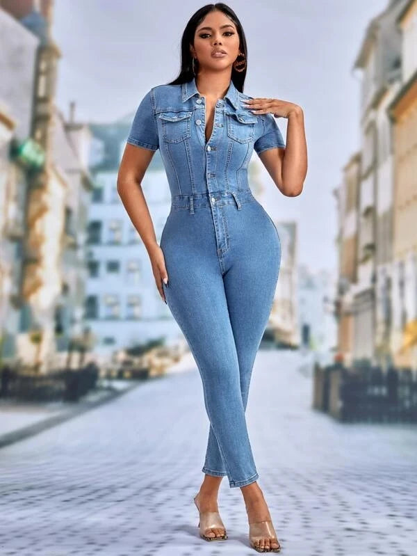 2023 New Stitch Detail Flap Pocket Denim Jumpsuit