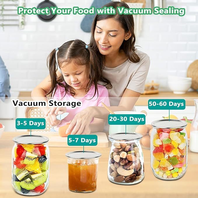 Electric Mason Jar Vacuum Sealer - BINZET Mason Jar Vacuum Sealing Kit For Food Storage, Compatible Wide & Regular Mouth Mason Lids- Canning Jar Mason Jar Vacuum Sealer With LED Countdown Display