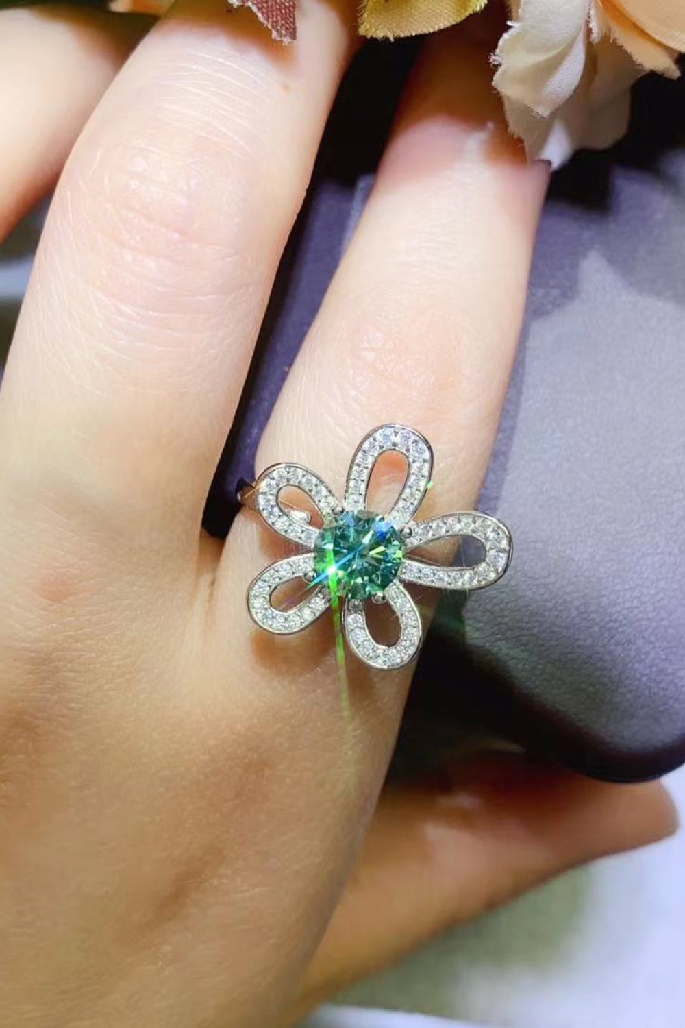 1 Carat Moissanite Flower Shape Open Ring