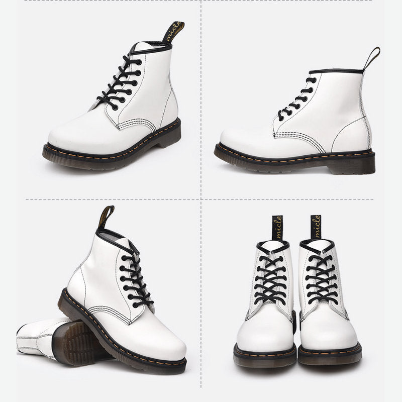 White Hard Leather British Style Short Boots Martin Boots High Top