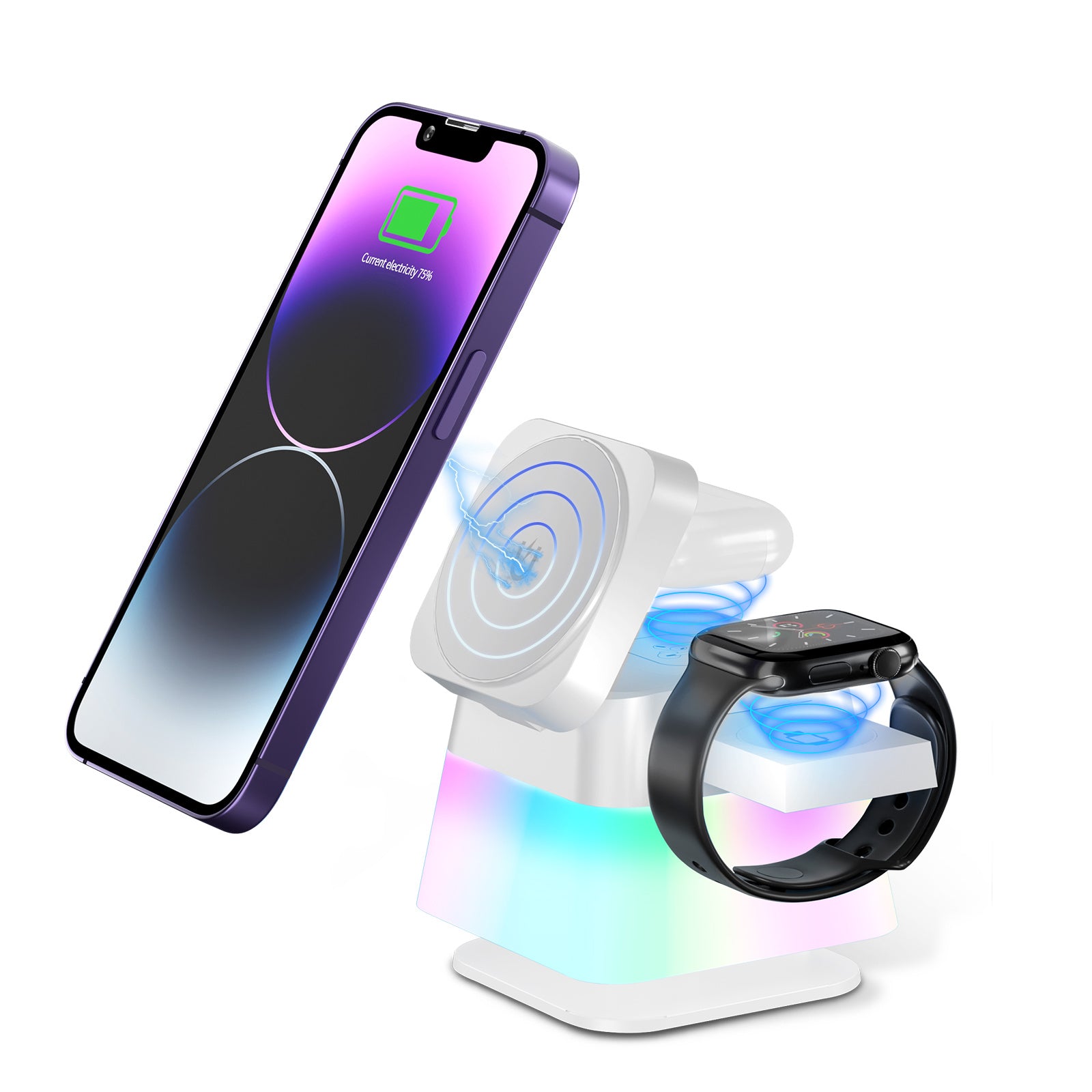 4 In 1 Magnetic Rotatable Colorful Lighting Wireless Charging Station For IPhone 15, 14, 13, 12, Pro Max 8, and 7