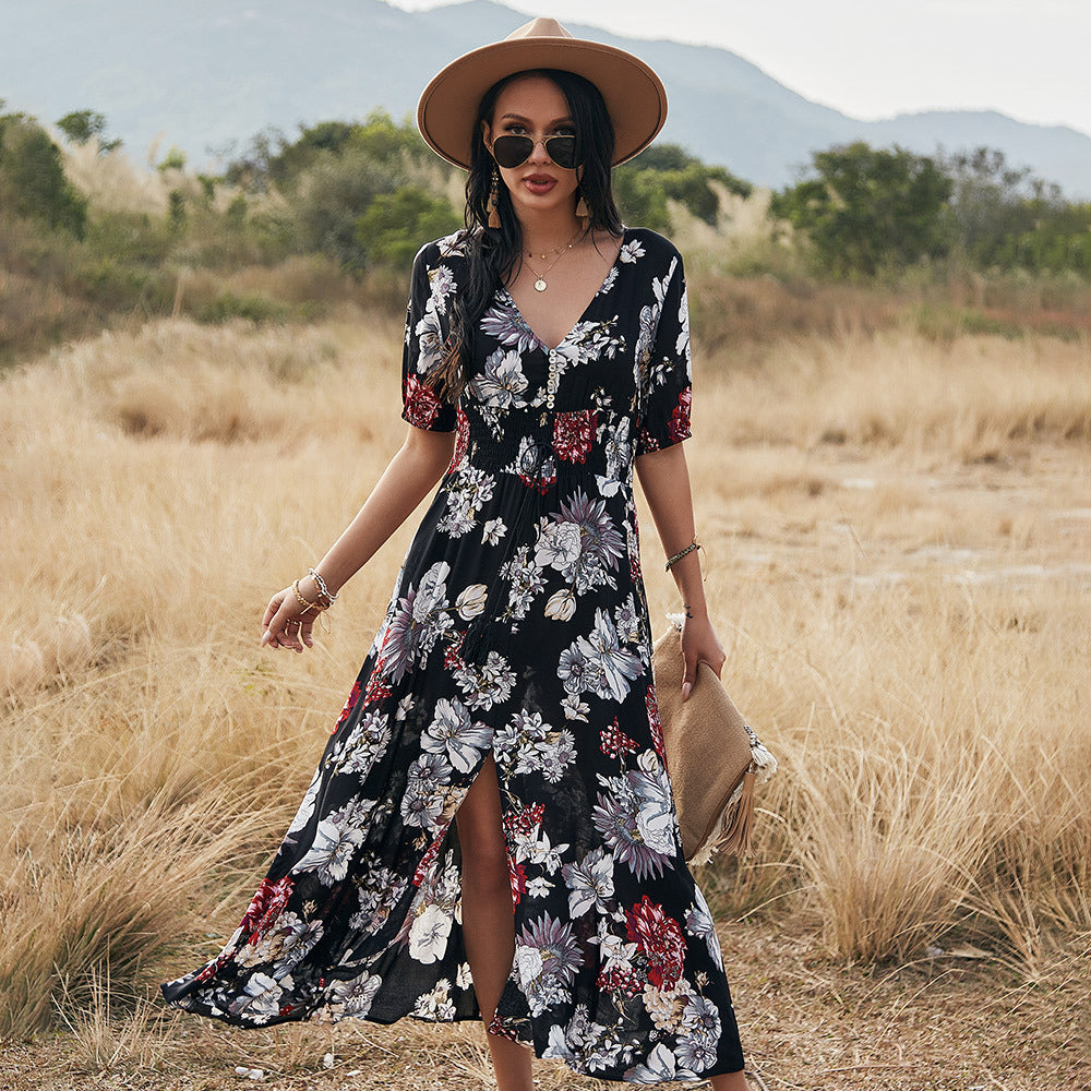 Floral Summer V Neck Elastic Waist Dress For Women