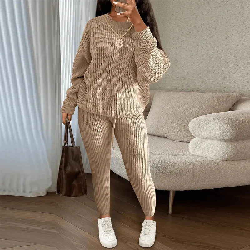 Women's Two-Piece Round Neck Knitted Sweater and Pants Set