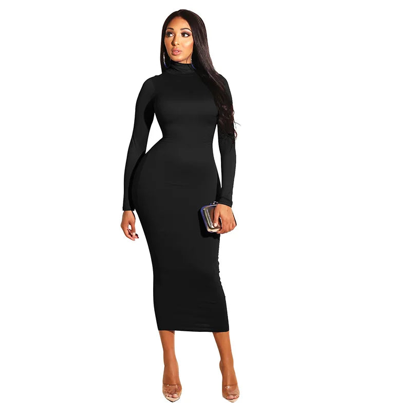 Women's Chic Long Sleeve Turtleneck Body-Con Knee-Length Dress