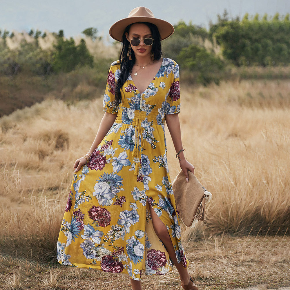 Floral Summer V Neck Elastic Waist Dress For Women