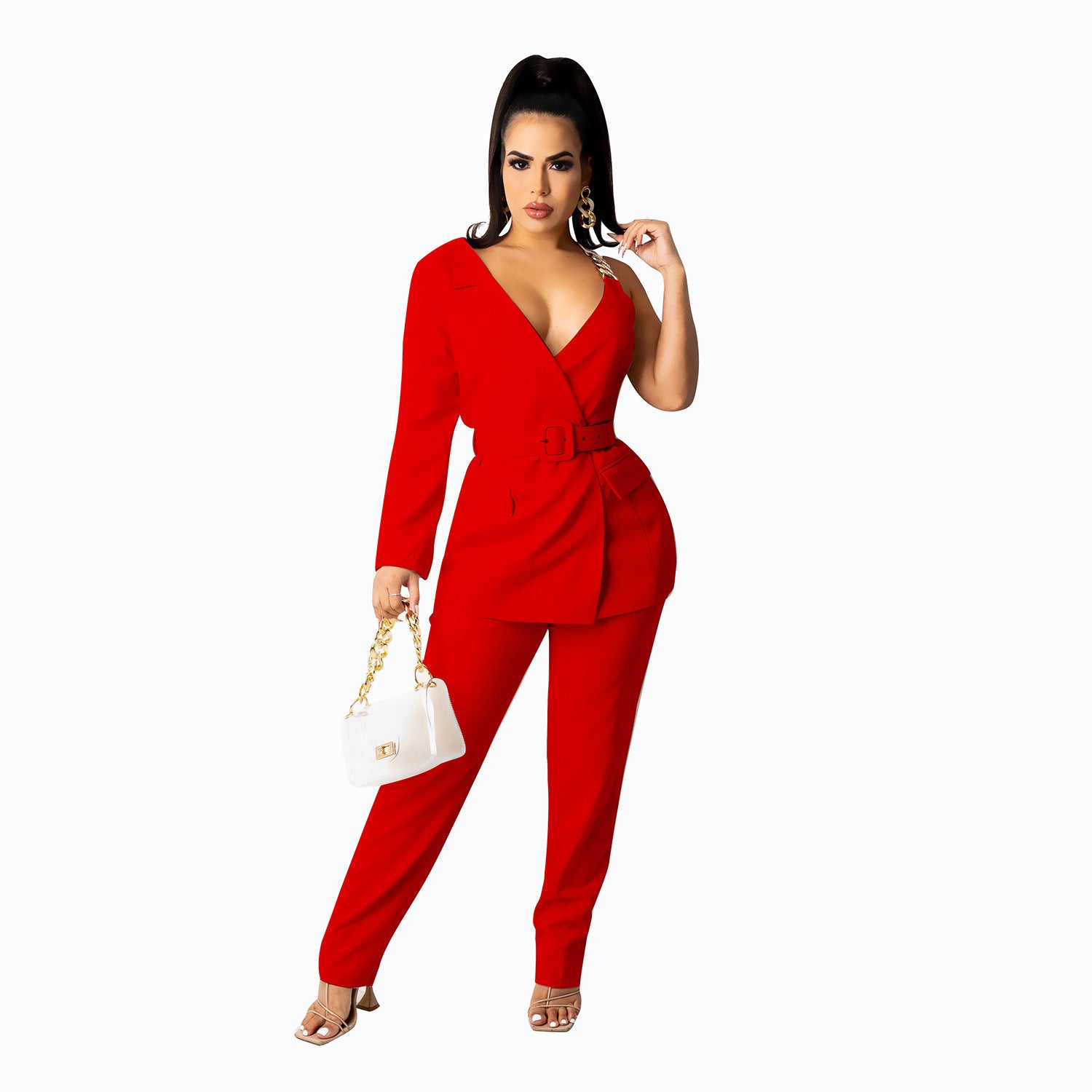 Elegant Sexy Invisible Snap Single-Side Sleeve Chain Belt Two-Piece Suit