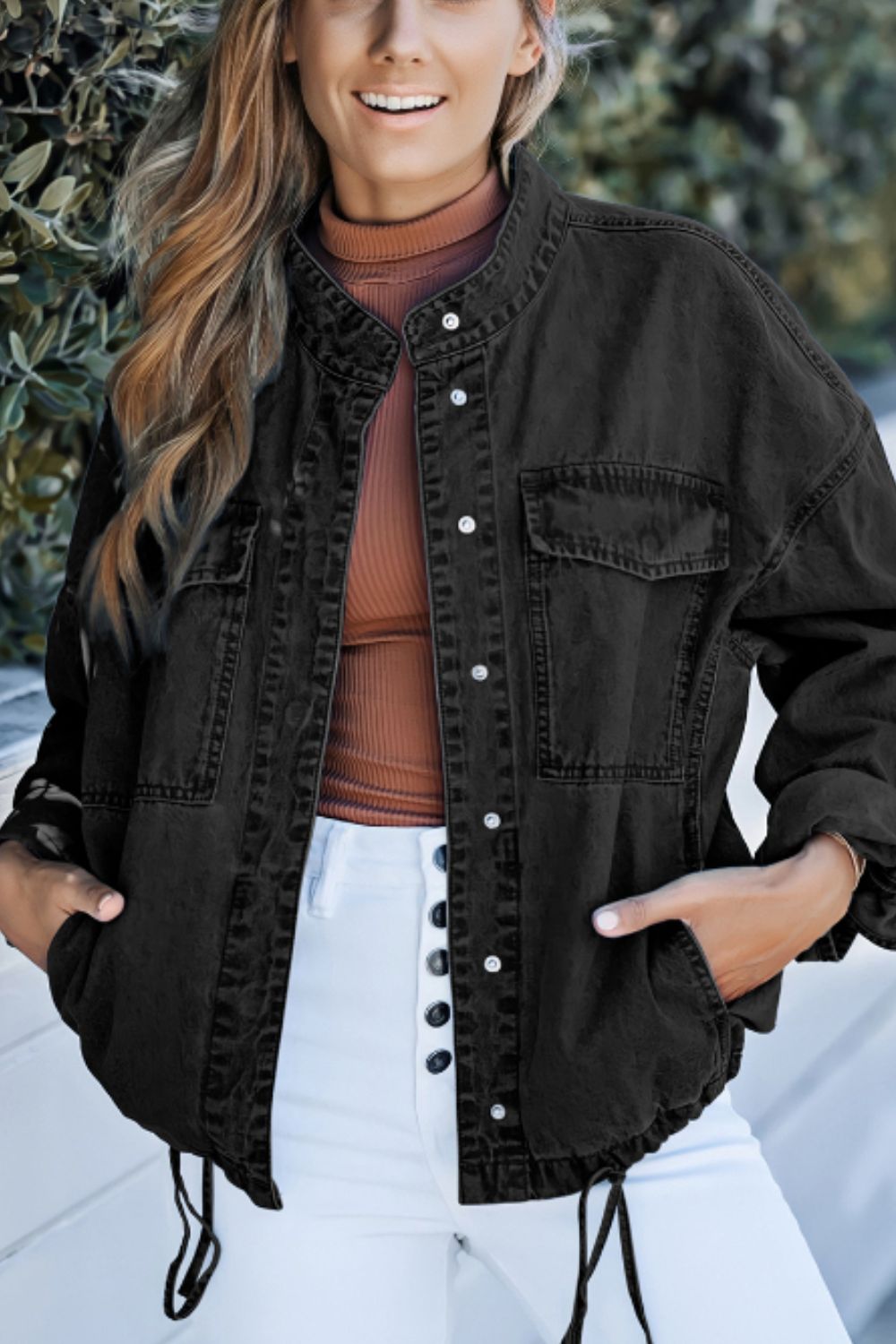 Drawstring Snap Down Denim Jacket with Chest Pockets