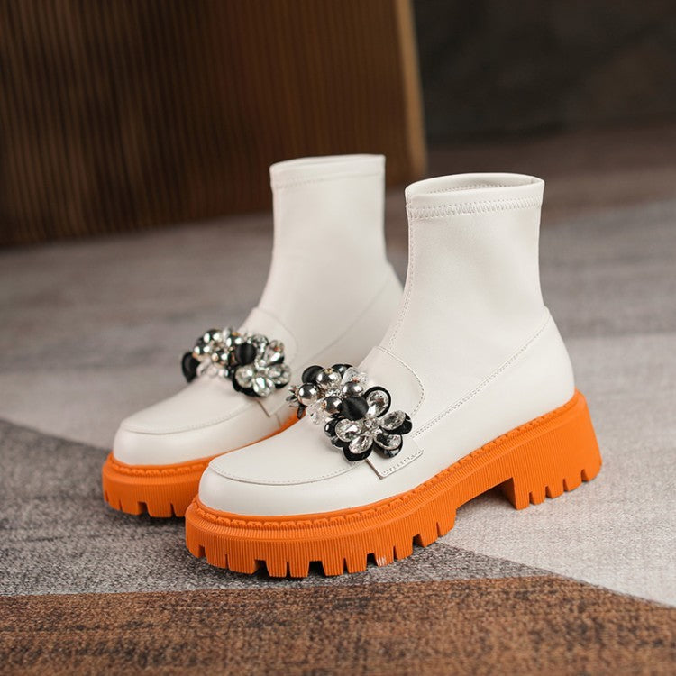 Round Toe Rhinestone Flower Elastic Boots Boots Women's Shoes