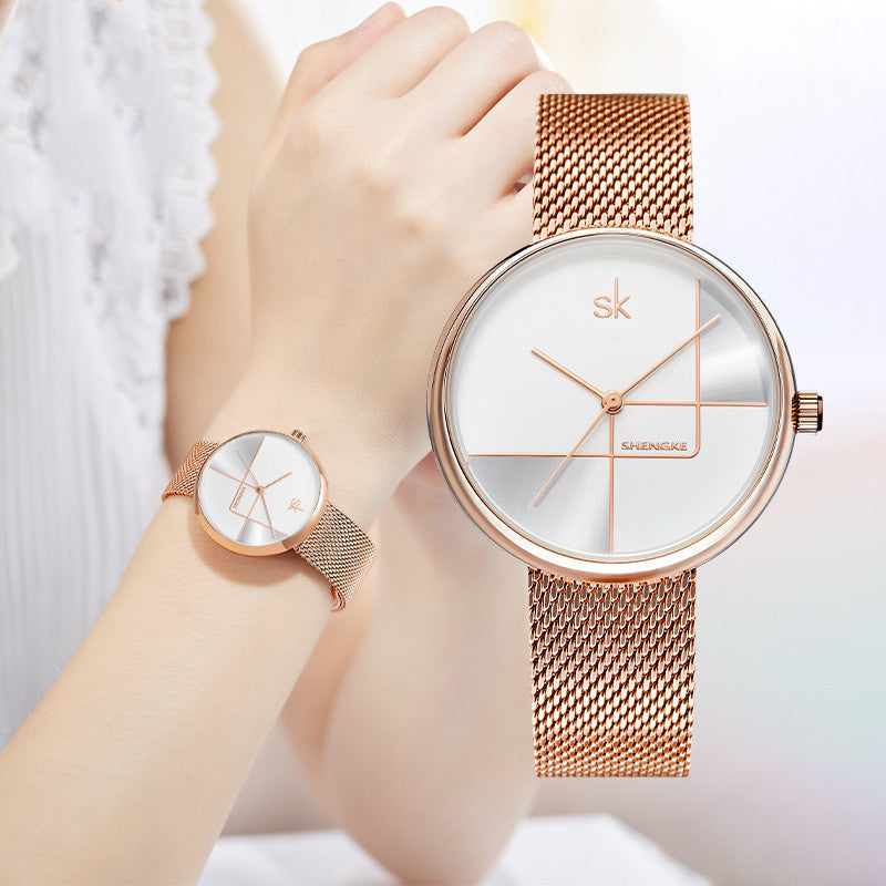 Women's Fashion Simple Geometric Quartz Watch Mesh Strap Watch