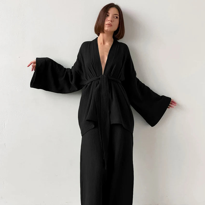 100% Cotton Loungewear With Bathrobe Women's Set