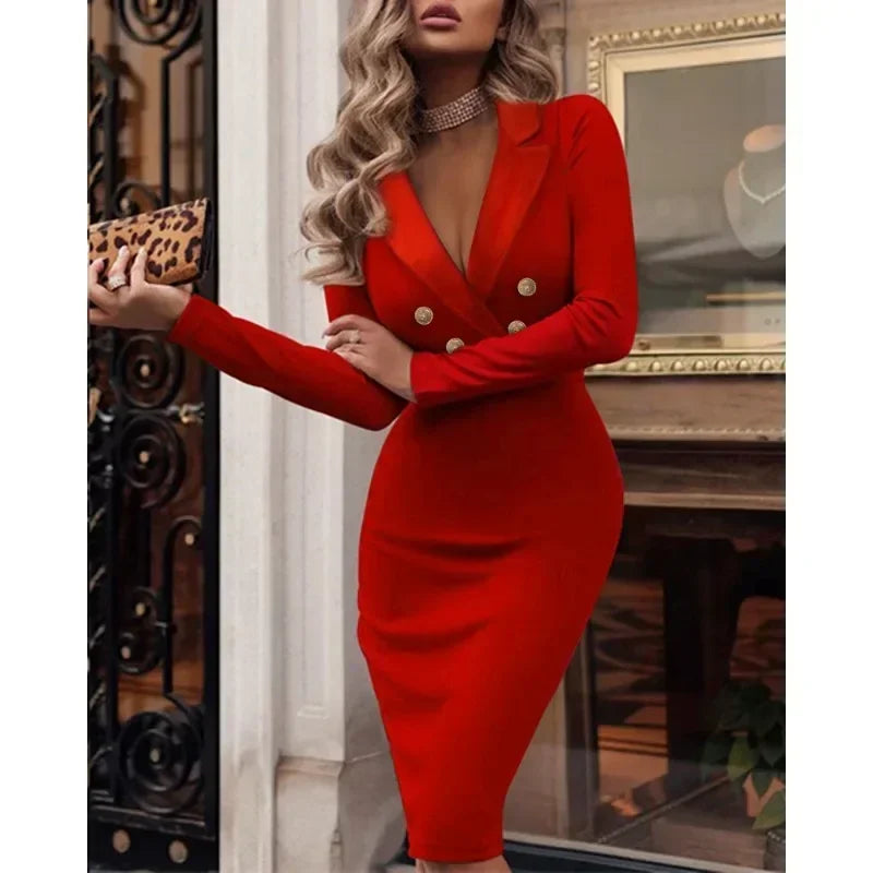 Elegant Women Solid V-Neck Double Breasted Long Sleeve Dress