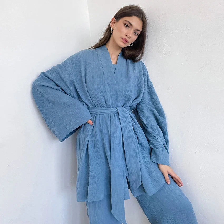 100% Cotton Loungewear With Bathrobe Women's Set