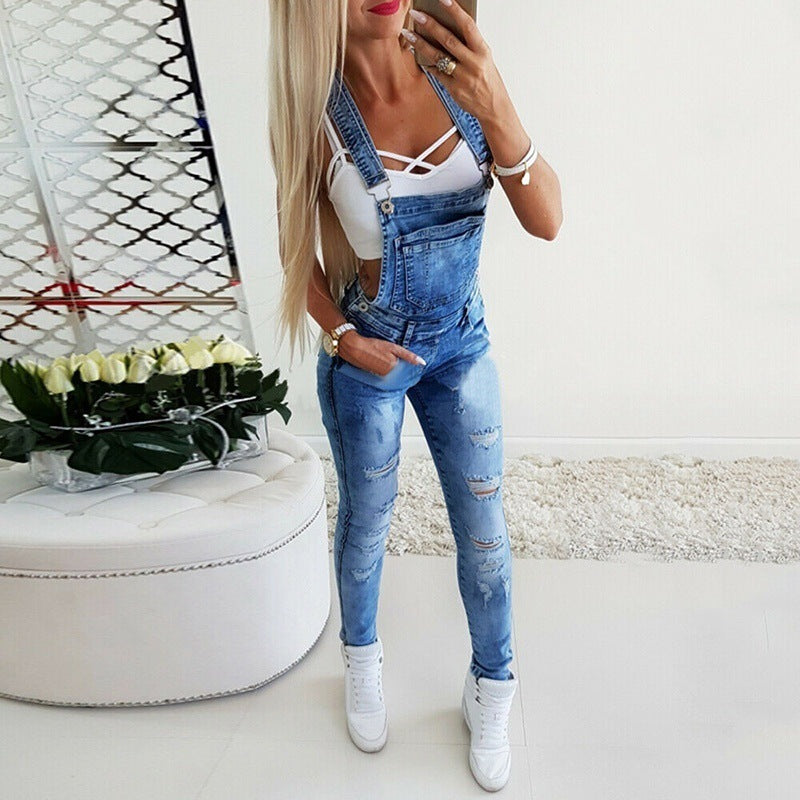 Chic Slim Fit Distressed Denim Jumpsuit Overalls - Hand-Worn Look