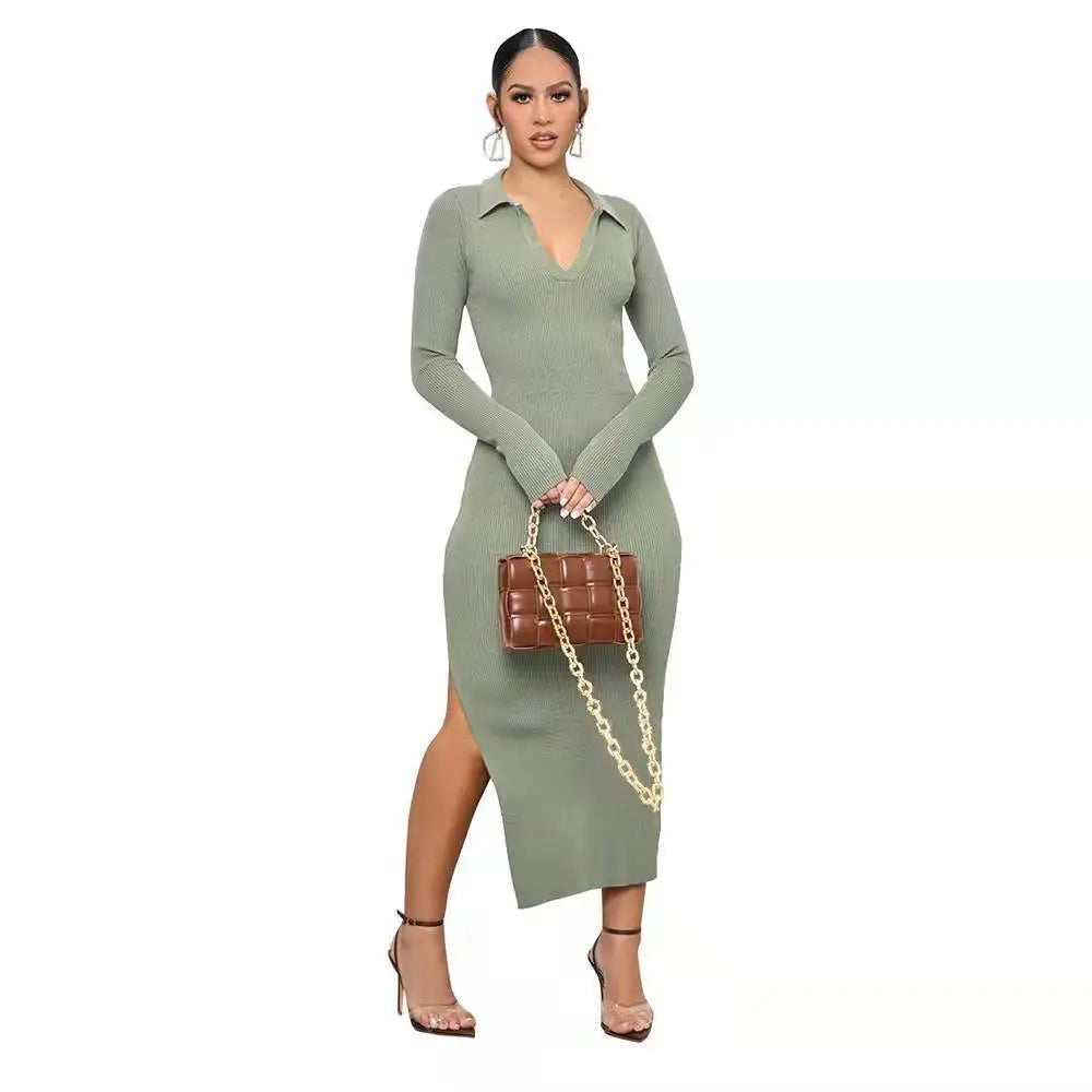 V Neck Bodycon Casual Backless Dresses Elegant Sexy Long Sleeve Dress for Women