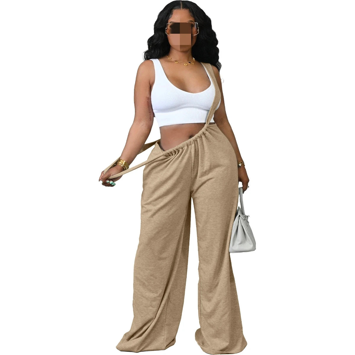 Women's Baggy Fit Backless Wide Leg Strap Long Pants Jumpsuit