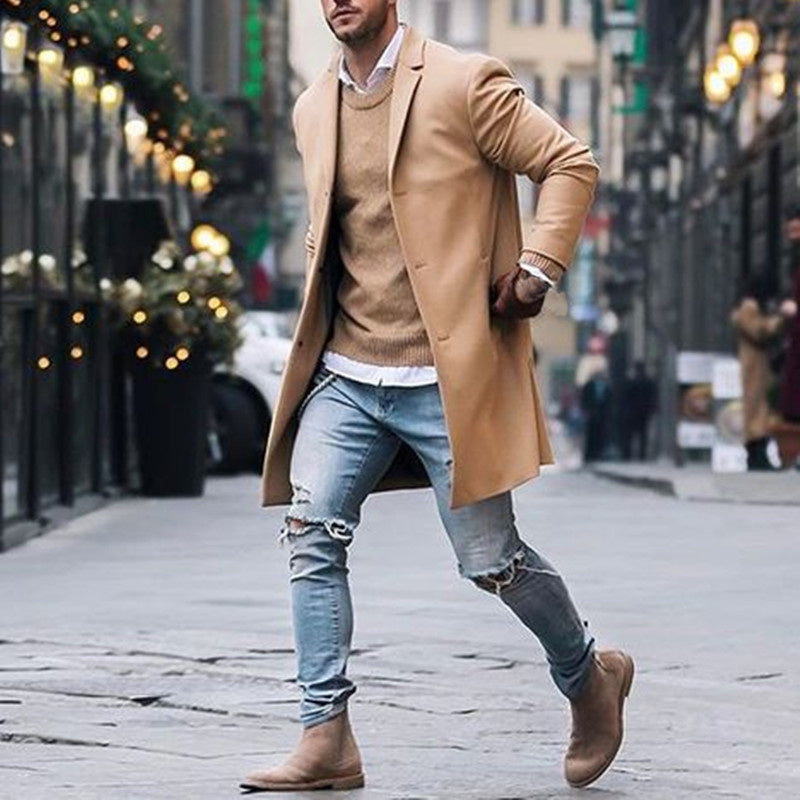 Fashion Winter Men's Trench Long Jackets Coats Overcoat Classic Jackets Solid Slim Fit Outwear Hombre Men Clothes Khaki Black