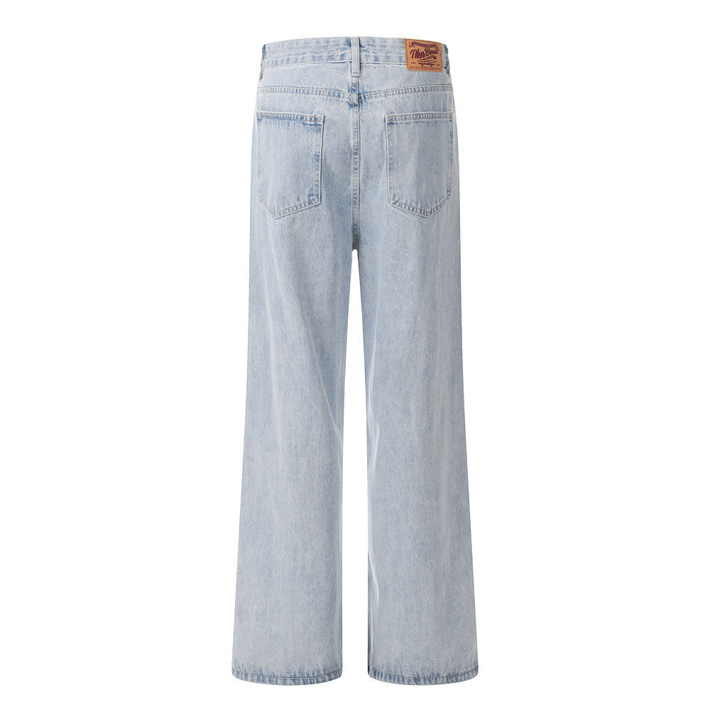 Wash Light Color Denim Straight-leg Pants Casual Loose Trousers