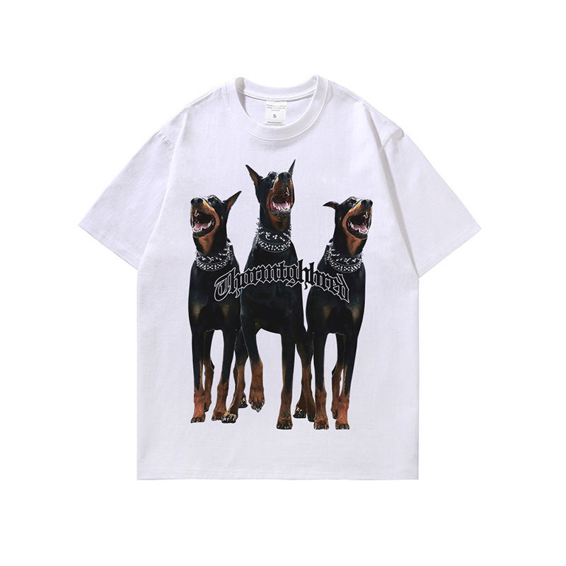 Doberman Pinscher Dog Head American High Street Print Casual Loose Men And Women Distressed T-shirt