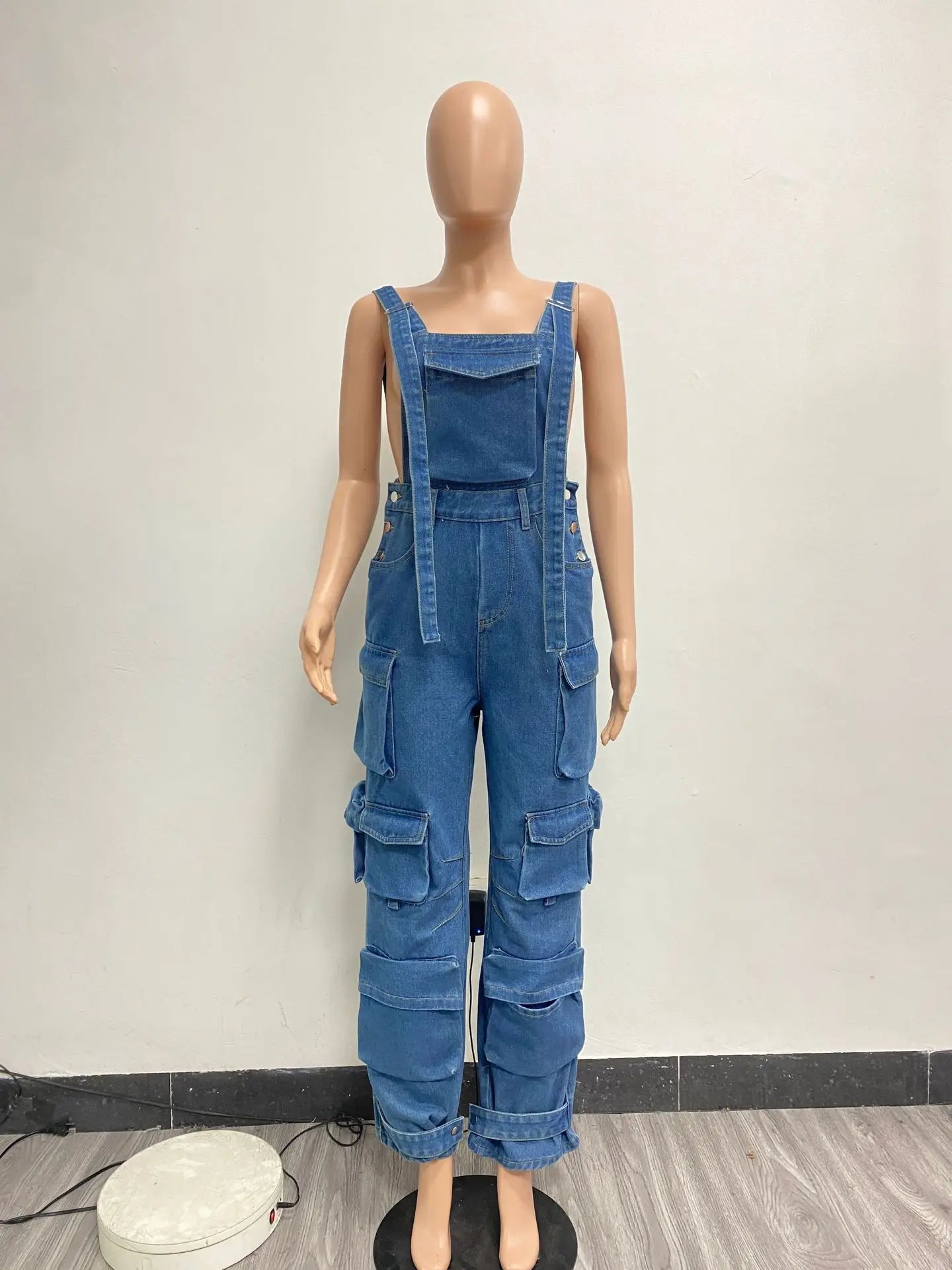 Fashion Cargo Denim Jumpsuits Women Wide Leg Overalls Loose Strap Jean