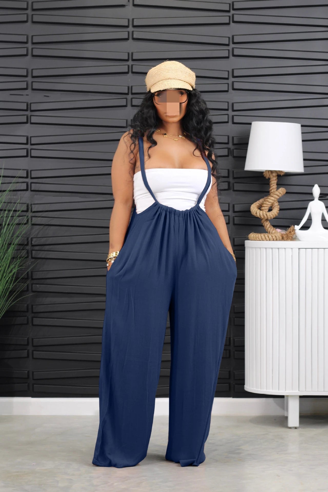 Women's Baggy Fit Backless Wide Leg Strap Long Pants Jumpsuit