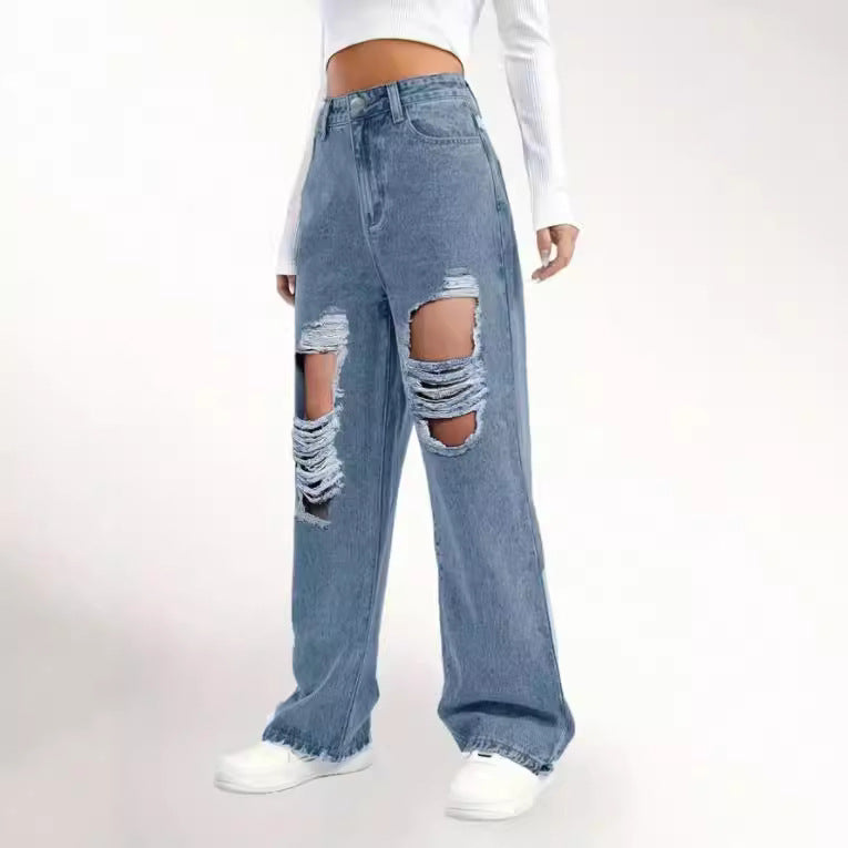 European And American Fashion Ripped High Waist Jeans