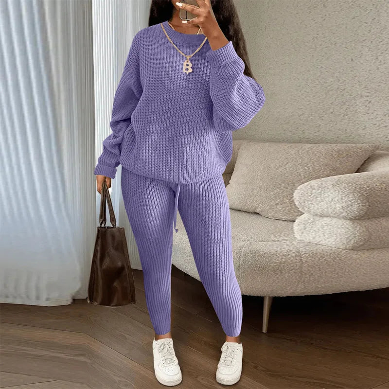 Women's Two-Piece Round Neck Knitted Sweater and Pants Set