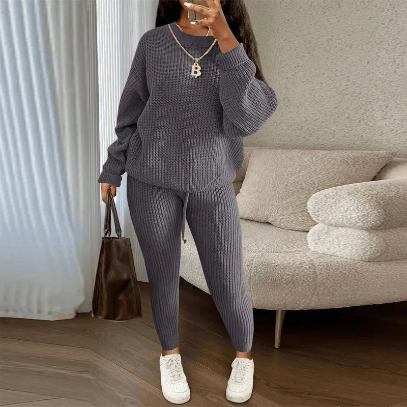 Women's Two-Piece Round Neck Knitted Sweater and Pants Set