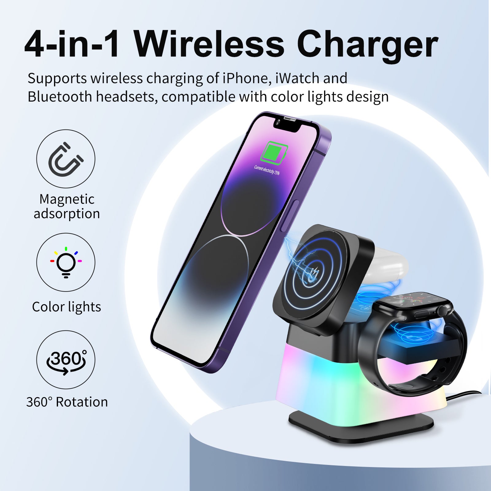 4 In 1 Magnetic Rotatable Colorful Lighting Wireless Charging Station For IPhone 15, 14, 13, 12, Pro Max 8, and 7