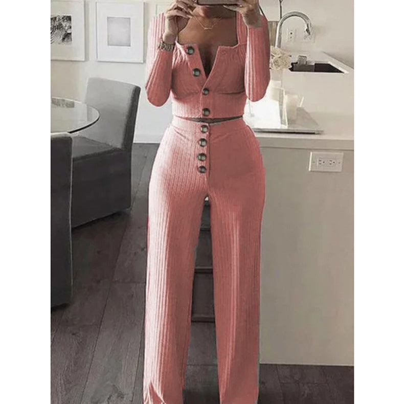 Chic Long Sleeve Knitted Square Collar Top & Pants Set