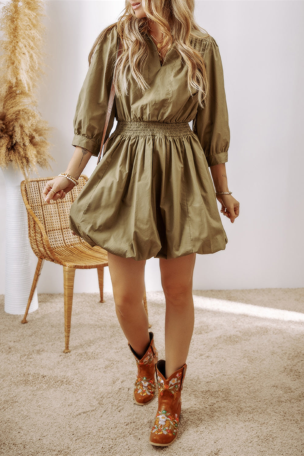 Smocked Johnny Collar Three-Quarter Sleeve Mini Dress