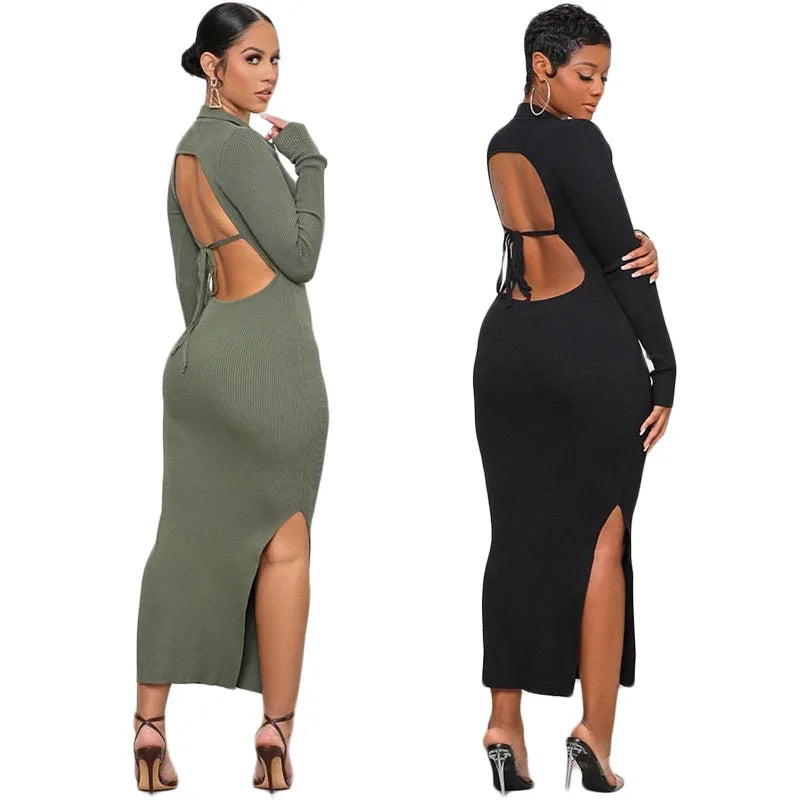 V Neck Bodycon Casual Backless Dresses Elegant Sexy Long Sleeve Dress for Women