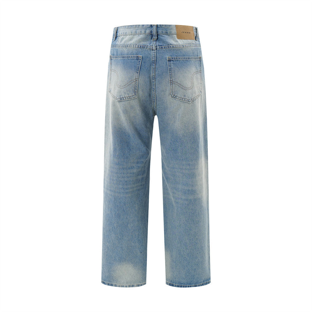 American Retro Wash Gradient Spray Painting Denim Trousers Men