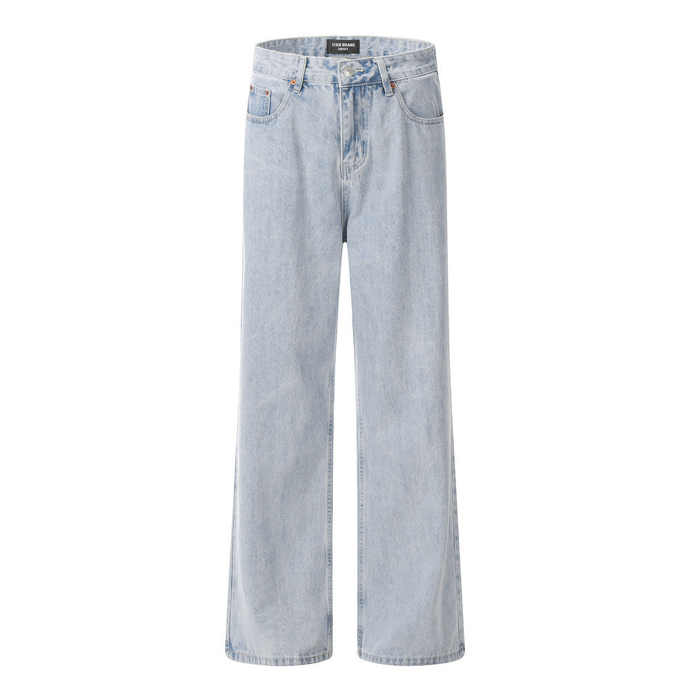 Wash Light Color Denim Straight-leg Pants Casual Loose Trousers