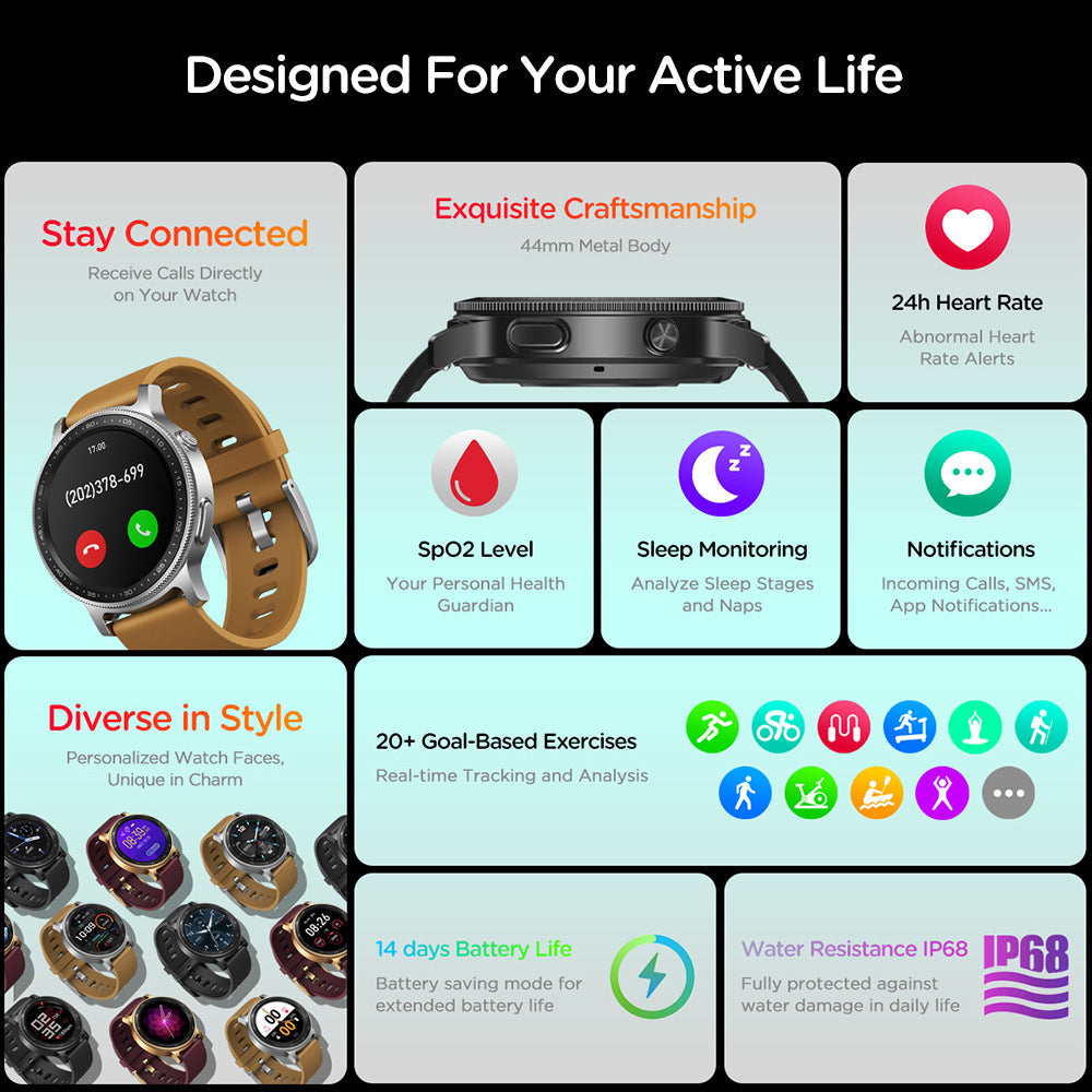 Bluetooth Call Blood Oxygen Blood Pressure Heart Rate Monitoring Custom Dial Smart Watch