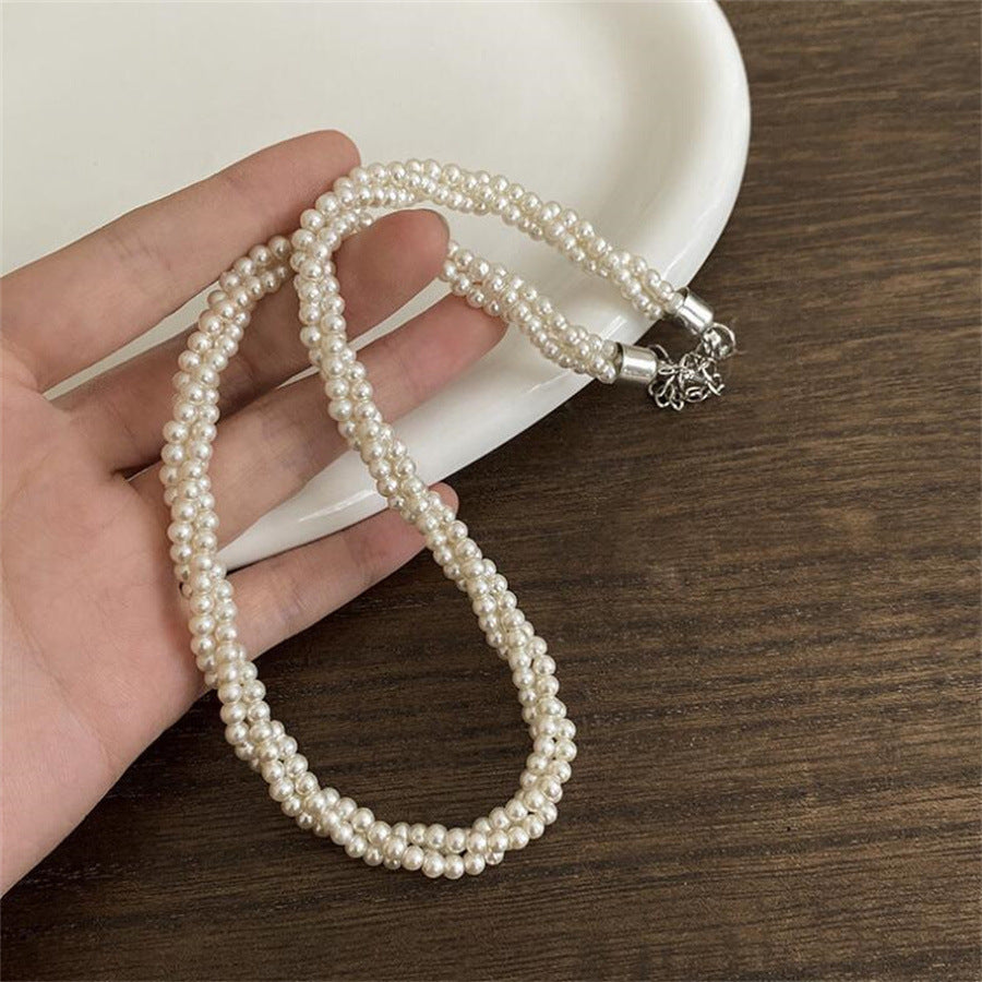 European And American Multi-layer Pearl Winding Spiral Twist Necklace Temperament