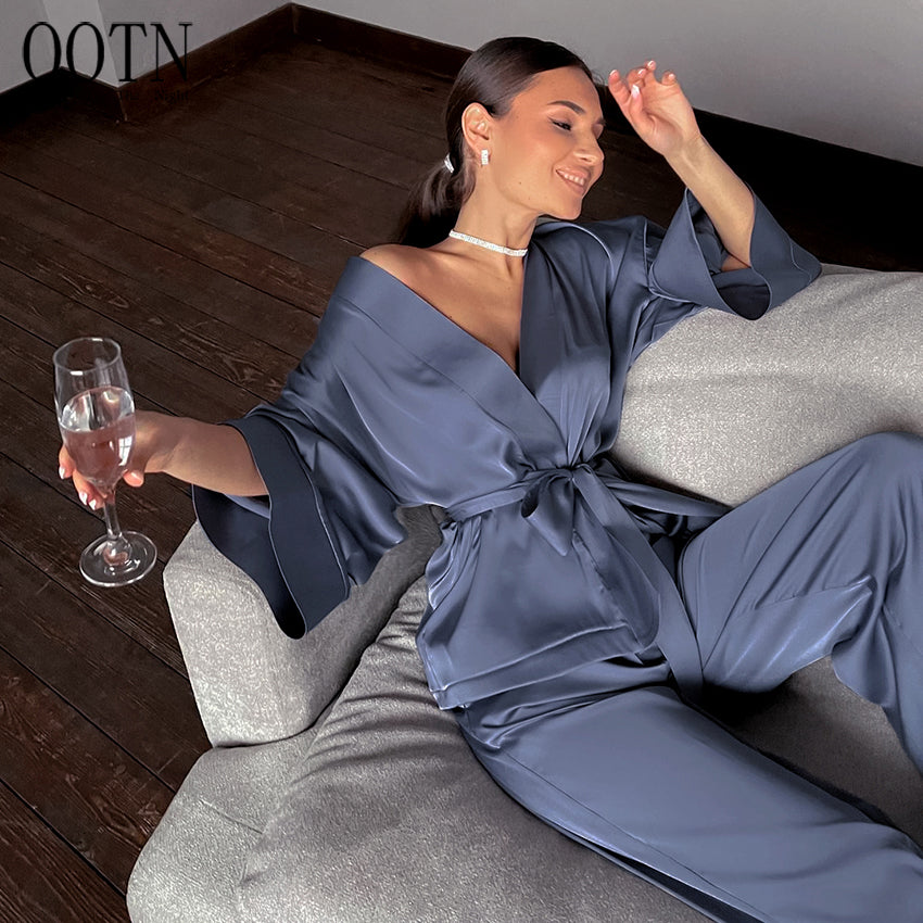 Satin Loose Fit Two Piece Robe and Pants Sleepwear For Women