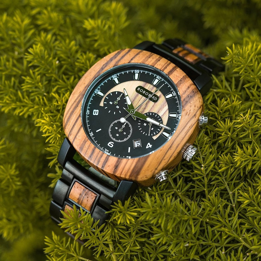 Wooden Watch Quartz Three Eye Multi Function