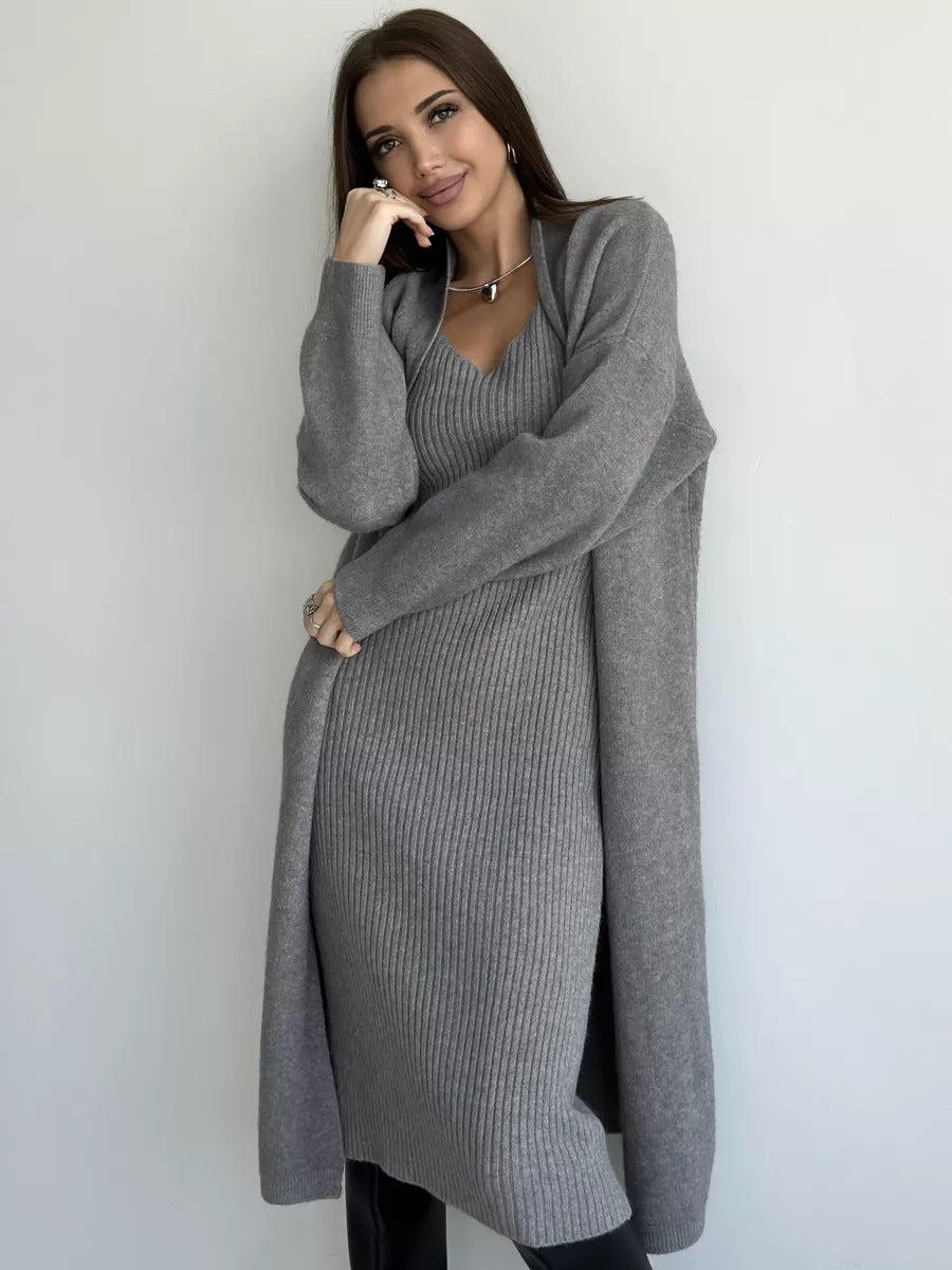 Casual Two-Piece Slim Sleeveless V-Neck Long Dress and a Loose Cardigan For Women