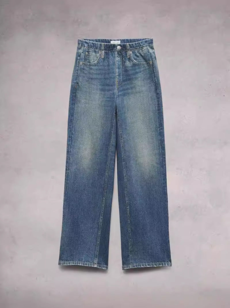 French Style All-matching Slim-fitting Mid-waist Wide Leg Jeans