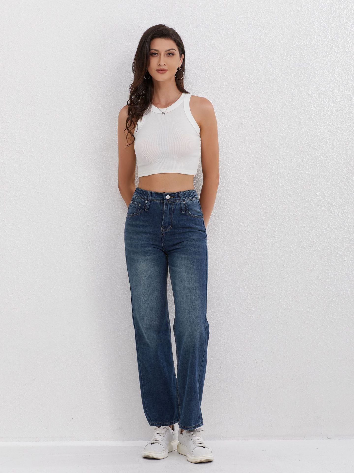 French Style All-matching Slim-fitting Mid-waist Wide Leg Jeans