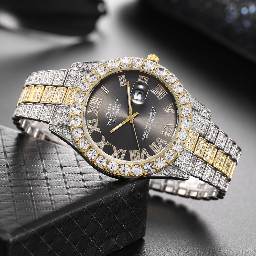 Full Diamond Surface Roman Scale Steel Watch