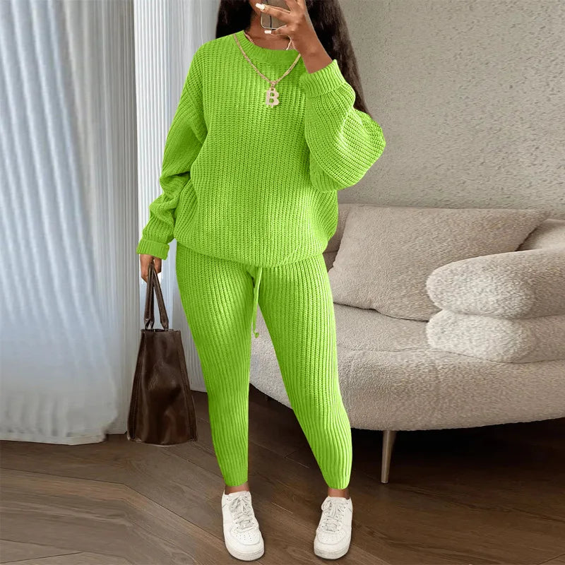 Women's Two-Piece Round Neck Knitted Sweater and Pants Set