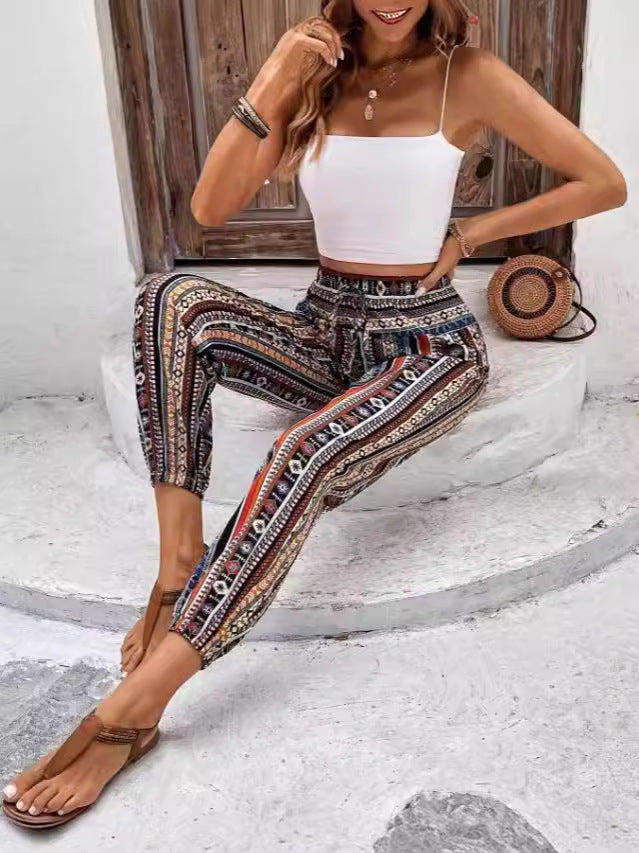 Loose Tappered Printed Drawstring Floral Print Casual Pants With Pockets